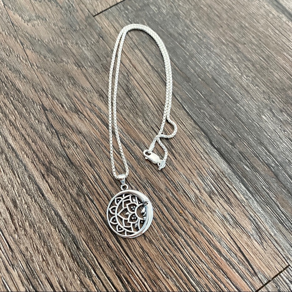 Sterling Silver Mandala And Crescent Moon Necklace View 6